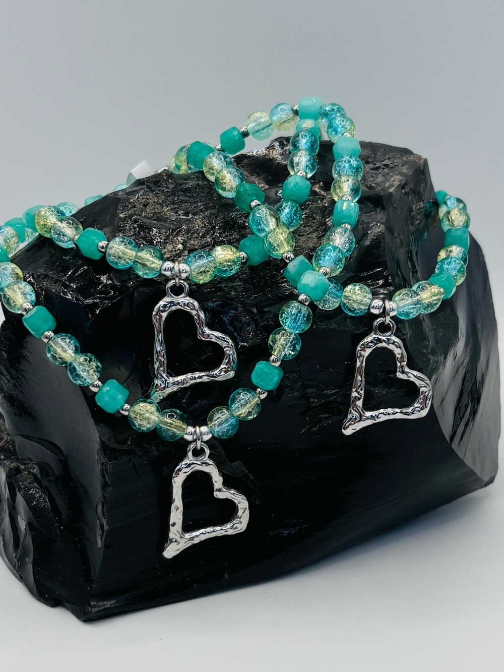*ANKLET* S.Steel Heart & Crackle Glass Jade Stretchy Anklet